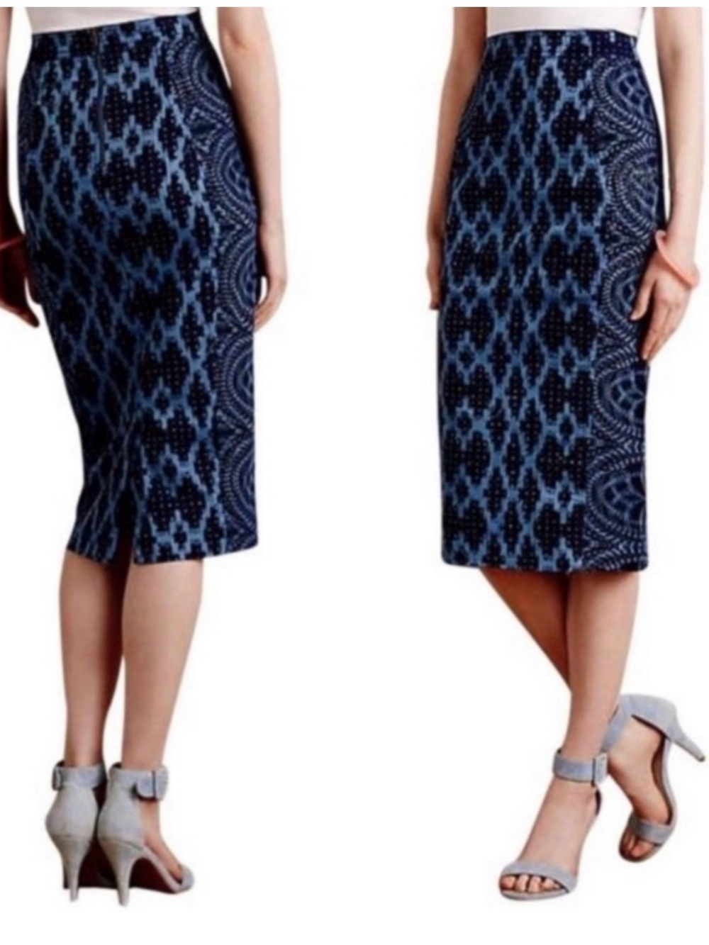 Tracy Reese Geometric Denim Pencil Skirt